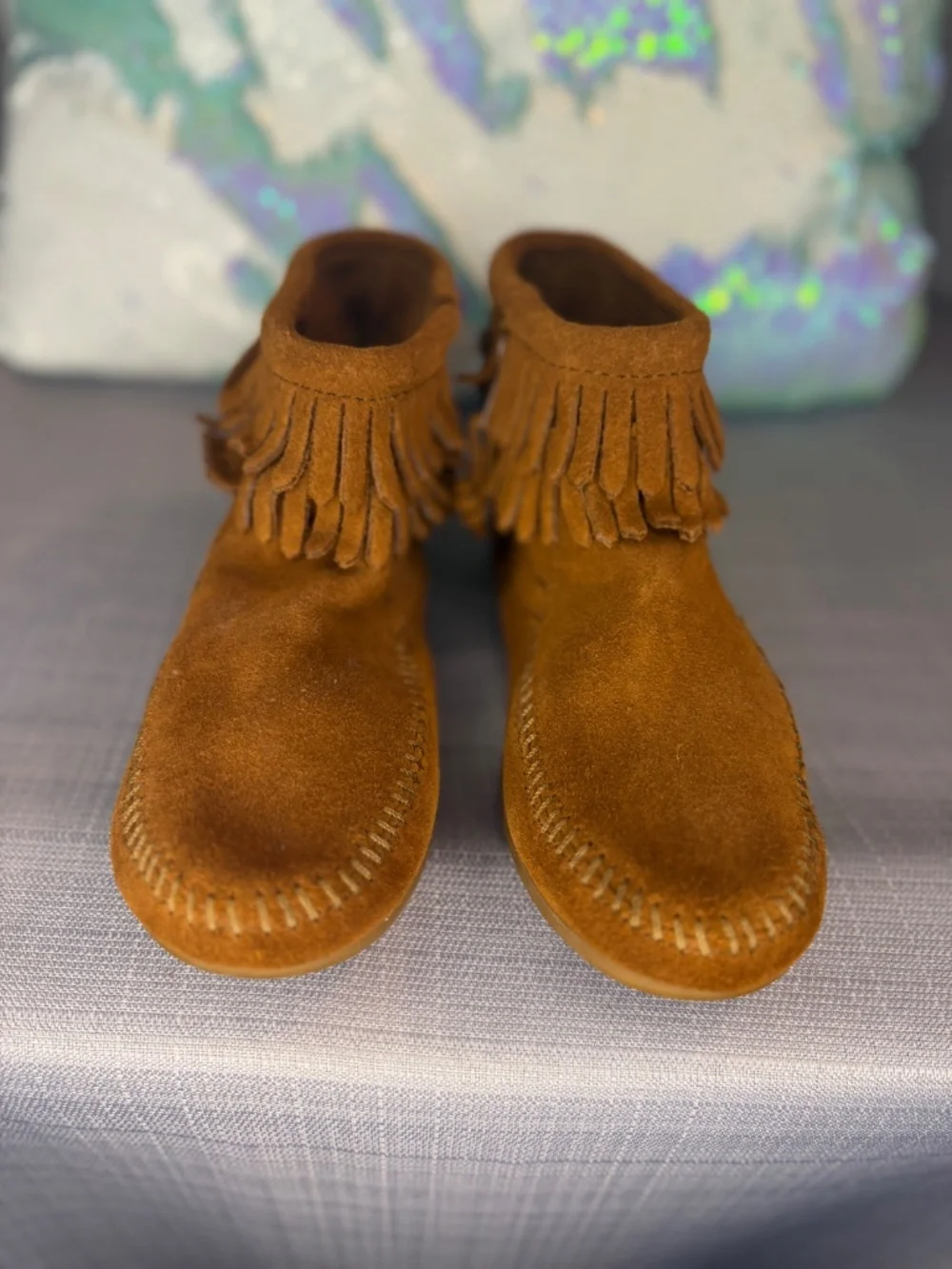 Minnetonka Tan Double Fringe Side Zip Boot (Girls Size 3)